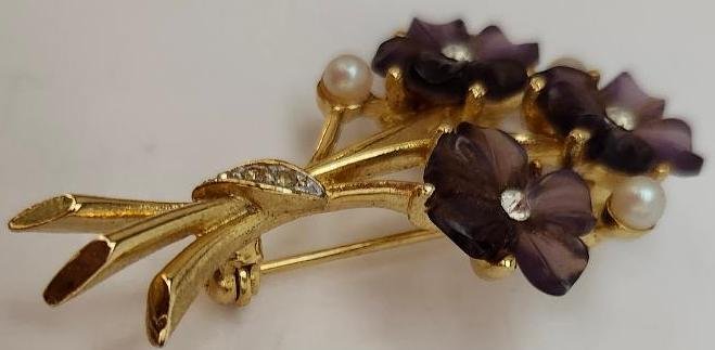 Image 1 of Robert Mandle Brooch Amethyst Purple Flowers Rhinestones Faux Pearl 60s