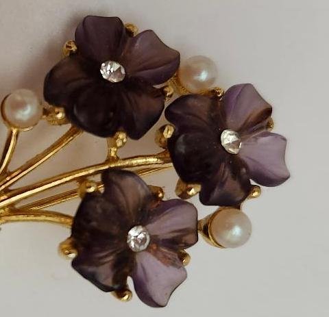 Image 2 of Robert Mandle Brooch Amethyst Purple Flowers Rhinestones Faux Pearl 60s