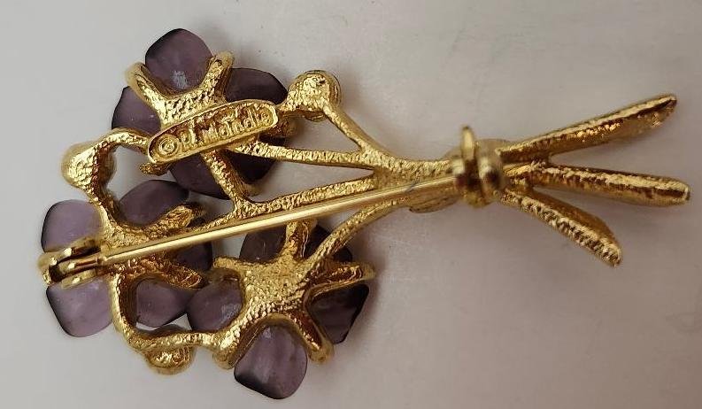 Image 3 of Robert Mandle Brooch Amethyst Purple Flowers Rhinestones Faux Pearl 60s