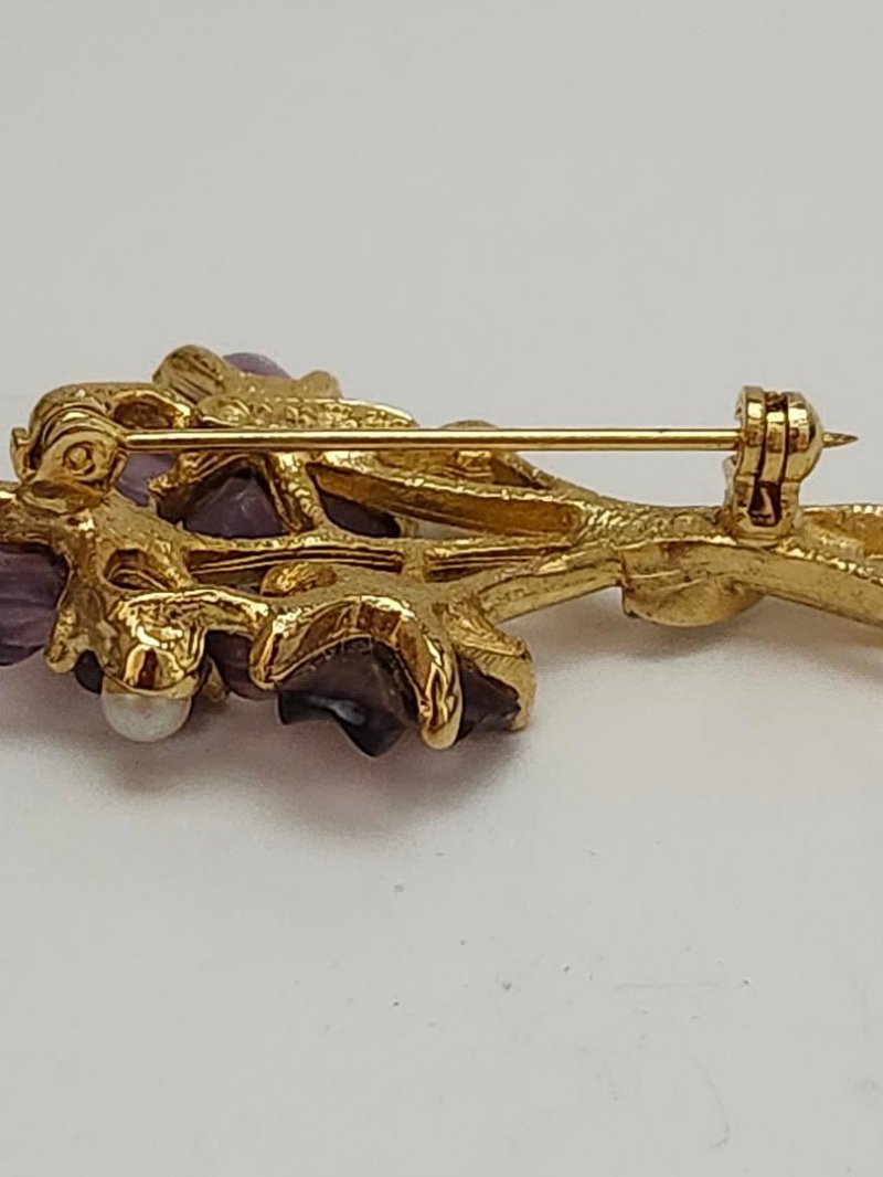Image 4 of Robert Mandle Brooch Amethyst Purple Flowers Rhinestones Faux Pearl 60s
