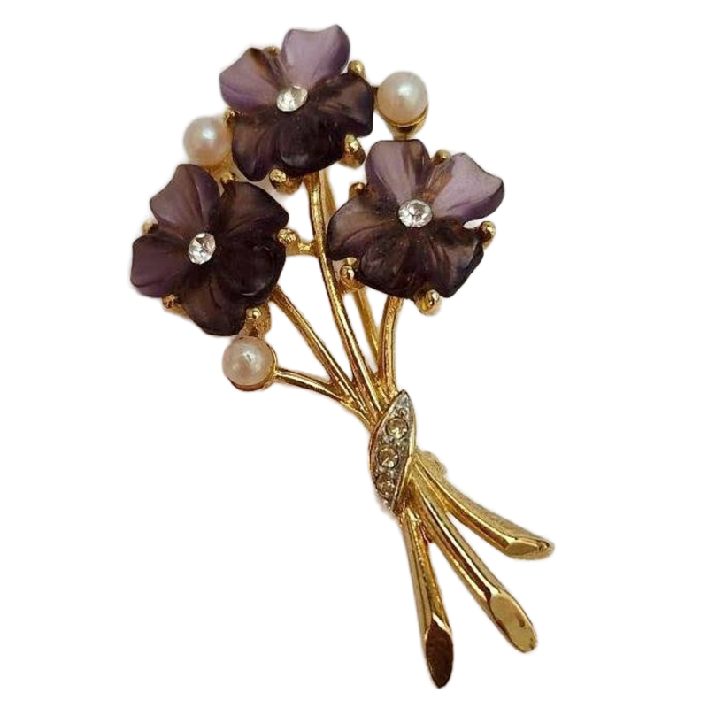 Robert Mandle Brooch Amethyst Purple Flowers Rhinestones Faux Pearl 60s