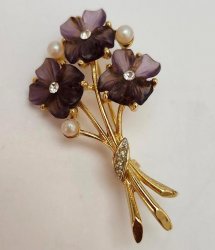 Robert Mandle Brooch Amethyst Purple Flowers Rhinestones Faux Pearl 60s