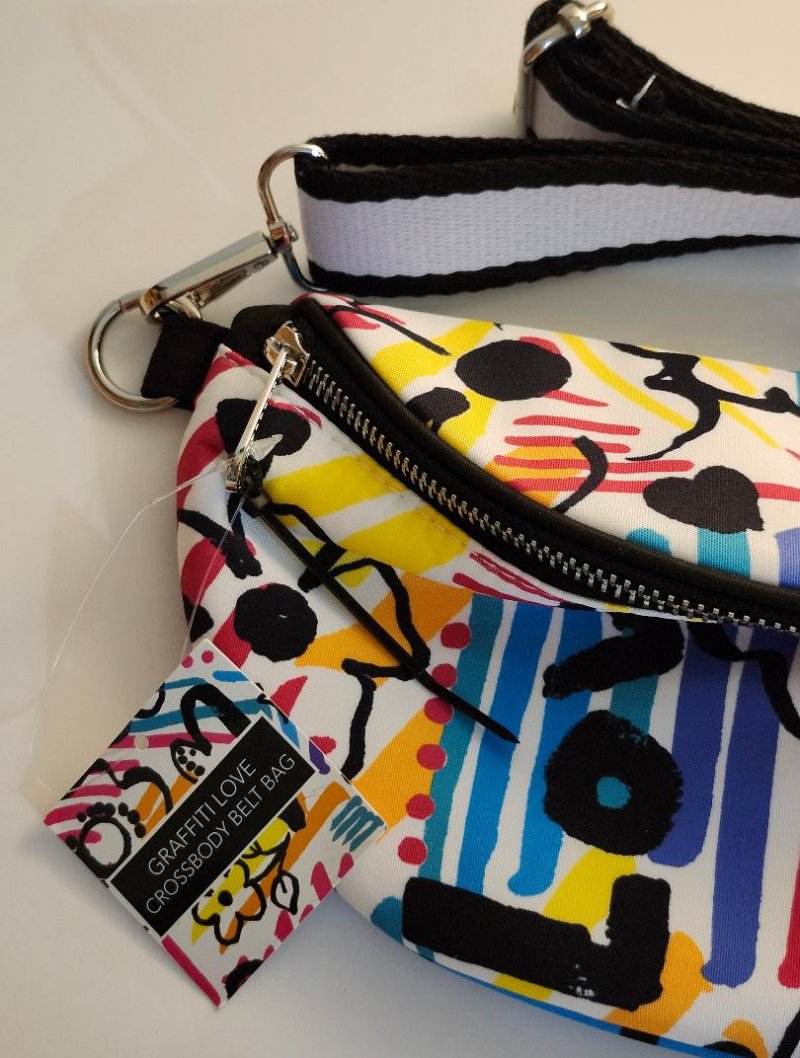 Image 1 of Graffiti Love Crossbody Belt Bag by Brighton Colorful Pink Purple Blue Yellow