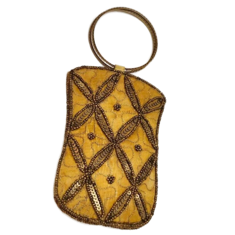 Womens Vintage Small Hand Held Evening Bag Round Metal Handles Mustard Yellow