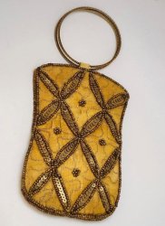 Women's Vintage Small Hand Held Evening Bag Round Metal Handles Mustard Yellow