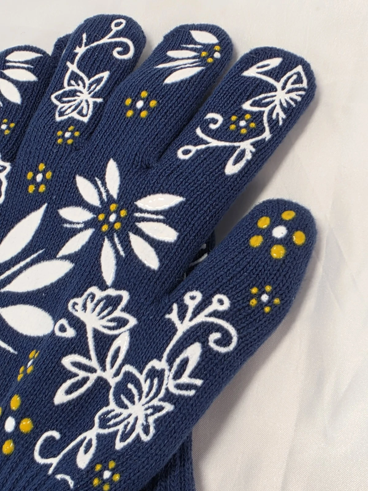 Image 2 of Temptations Oven Safe Kitchen Mitts Silicone Gloves Tara Blue w/ Yellow Flowers