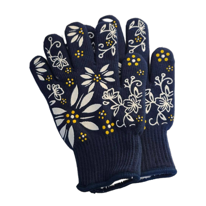 Temptations Oven Safe Kitchen Mitts Silicone Gloves Tara Blue w/ Yellow Flowers