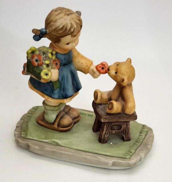 With Love Goebel BH 66 Berta Hummel Girl Holding Posies w/ Bear Figurine