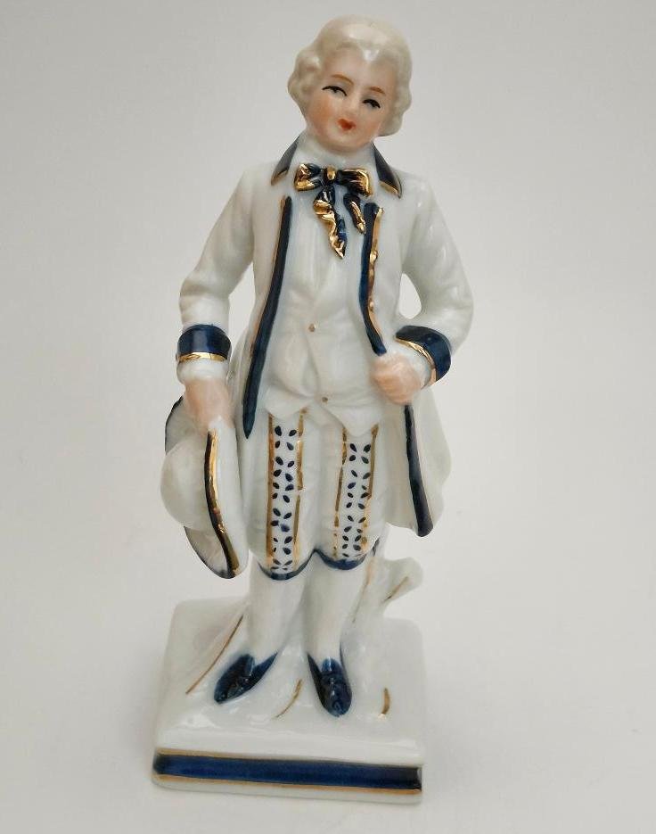 50s Vintage Blue White Victorian Gentleman Figurine Colonial Statue Tricorn Hat