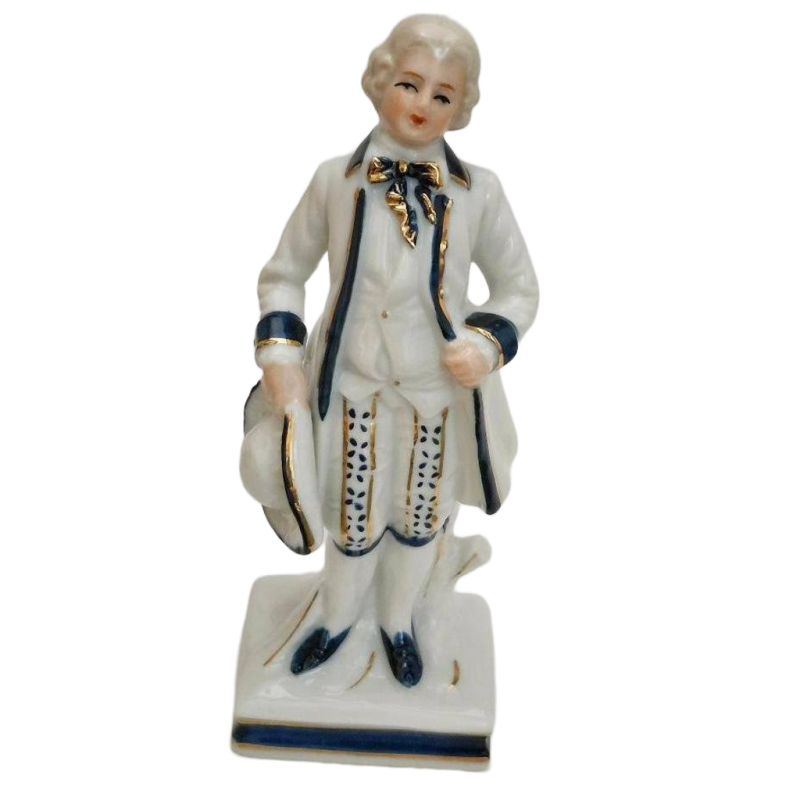 50s Vintage Blue White Victorian Gentleman Figurine Colonial Statue Tricorn Hat