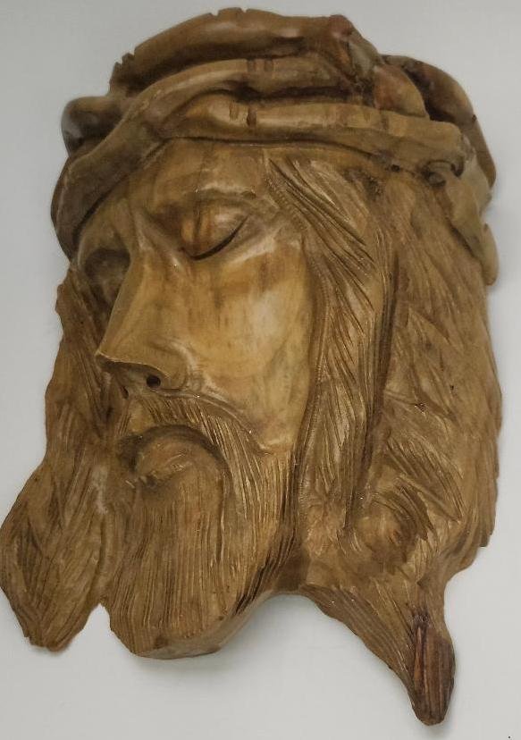Image 1 of Jerusalem Carved Jesus Face Wall Plaque Wearing Thorn Crown Realistic Face