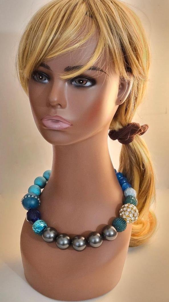 Image 0 of Vintage Lenora Dame Chunky Statement Necklace Round Beads Blue Crystals Sequins