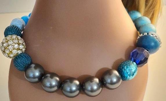 Image 1 of Vintage Lenora Dame Chunky Statement Necklace Round Beads Blue Crystals Sequins