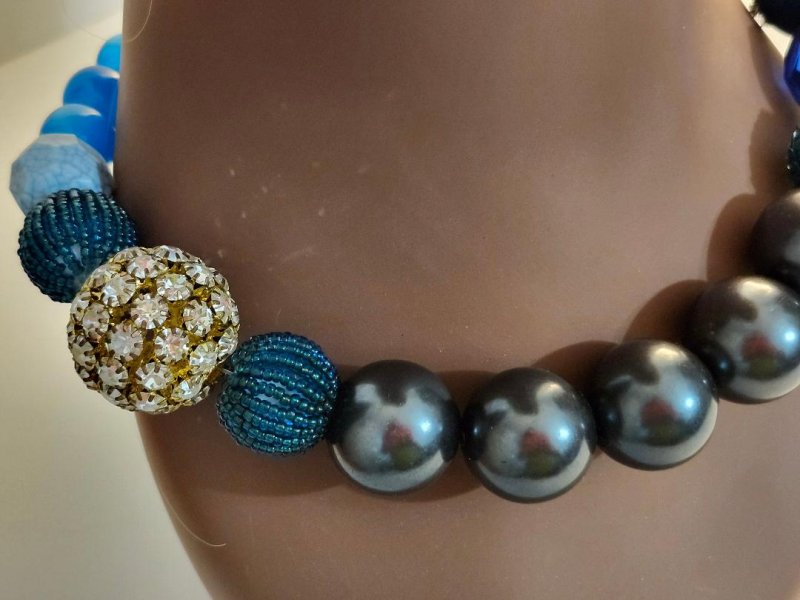 Image 2 of Vintage Lenora Dame Chunky Statement Necklace Round Beads Blue Crystals Sequins