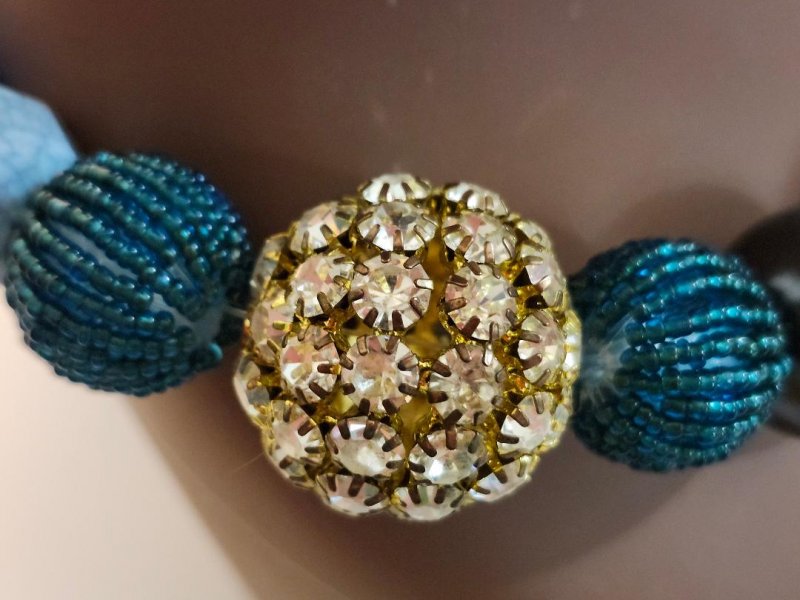 Image 3 of Vintage Lenora Dame Chunky Statement Necklace Round Beads Blue Crystals Sequins