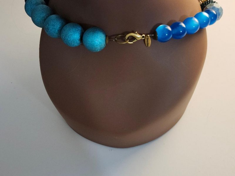 Image 4 of Vintage Lenora Dame Chunky Statement Necklace Round Beads Blue Crystals Sequins