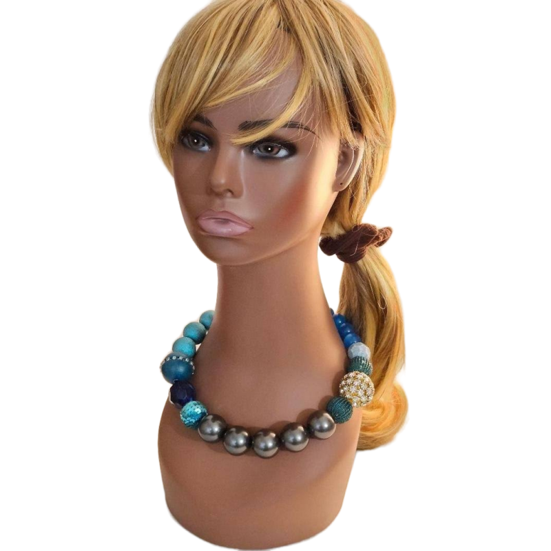 Vintage Lenora Dame Chunky Statement Necklace Round Beads Blue Crystals Sequins