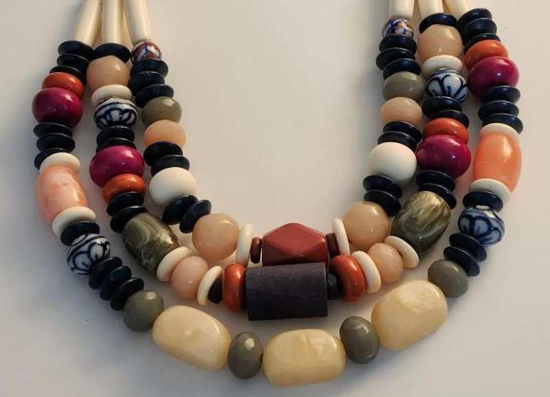 Image 1 of Women's Chicos Layered Necklace Lucite Wood Silver Different Shaped Beads 23
