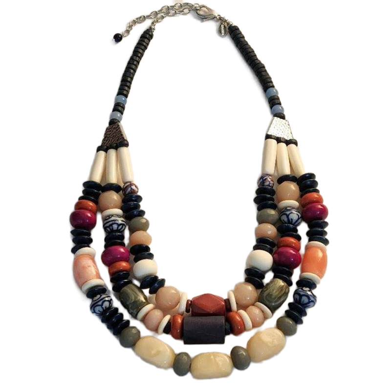 Womens Chicos Layered Necklace Lucite Wood Silver Different Shaped Beads 23