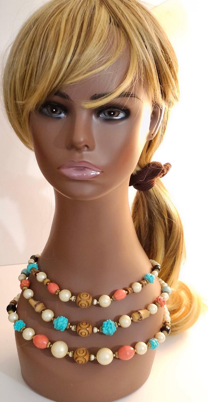 Image 0 of Vintage Layered Bead Lucite Wood Necklace Faux Pearls 3 Rows Hook Closure