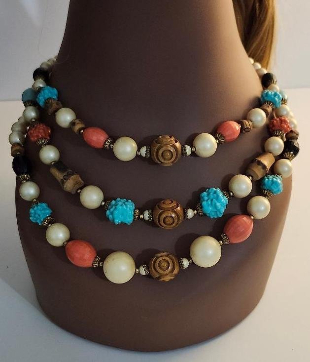 Image 1 of Vintage Layered Bead Lucite Wood Necklace Faux Pearls 3 Rows Hook Closure