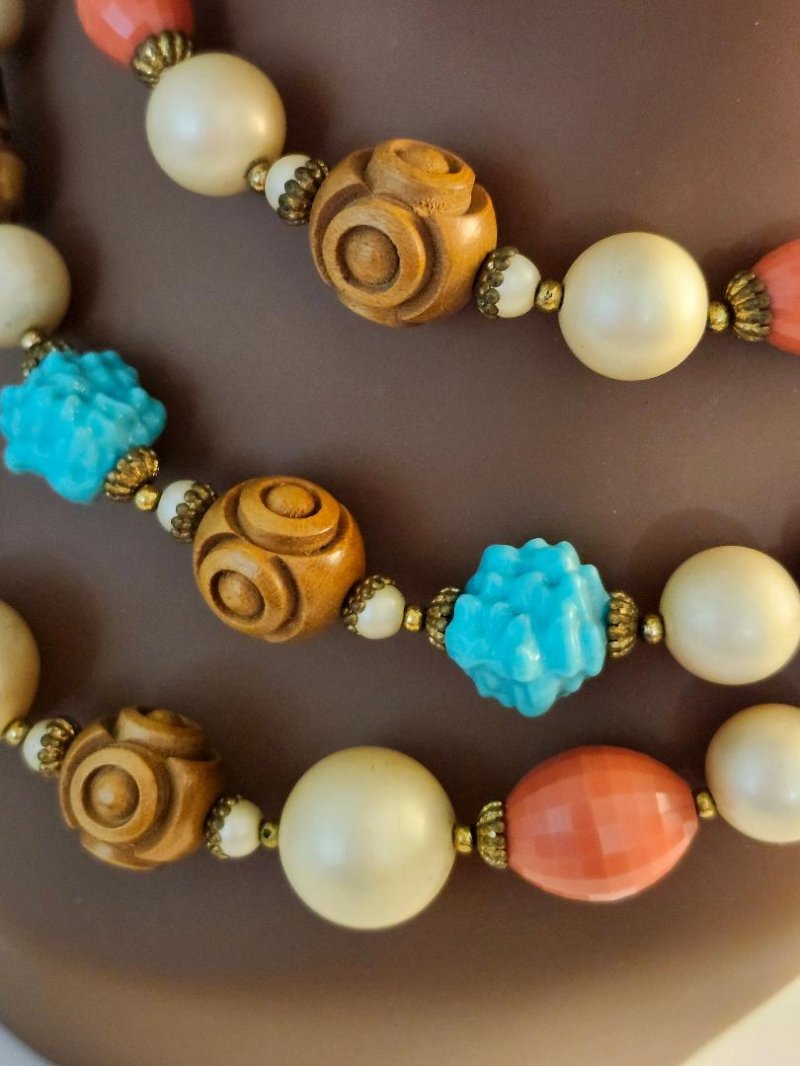 Image 2 of Vintage Layered Bead Lucite Wood Necklace Faux Pearls 3 Rows Hook Closure