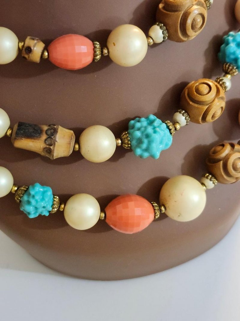 Image 3 of Vintage Layered Bead Lucite Wood Necklace Faux Pearls 3 Rows Hook Closure