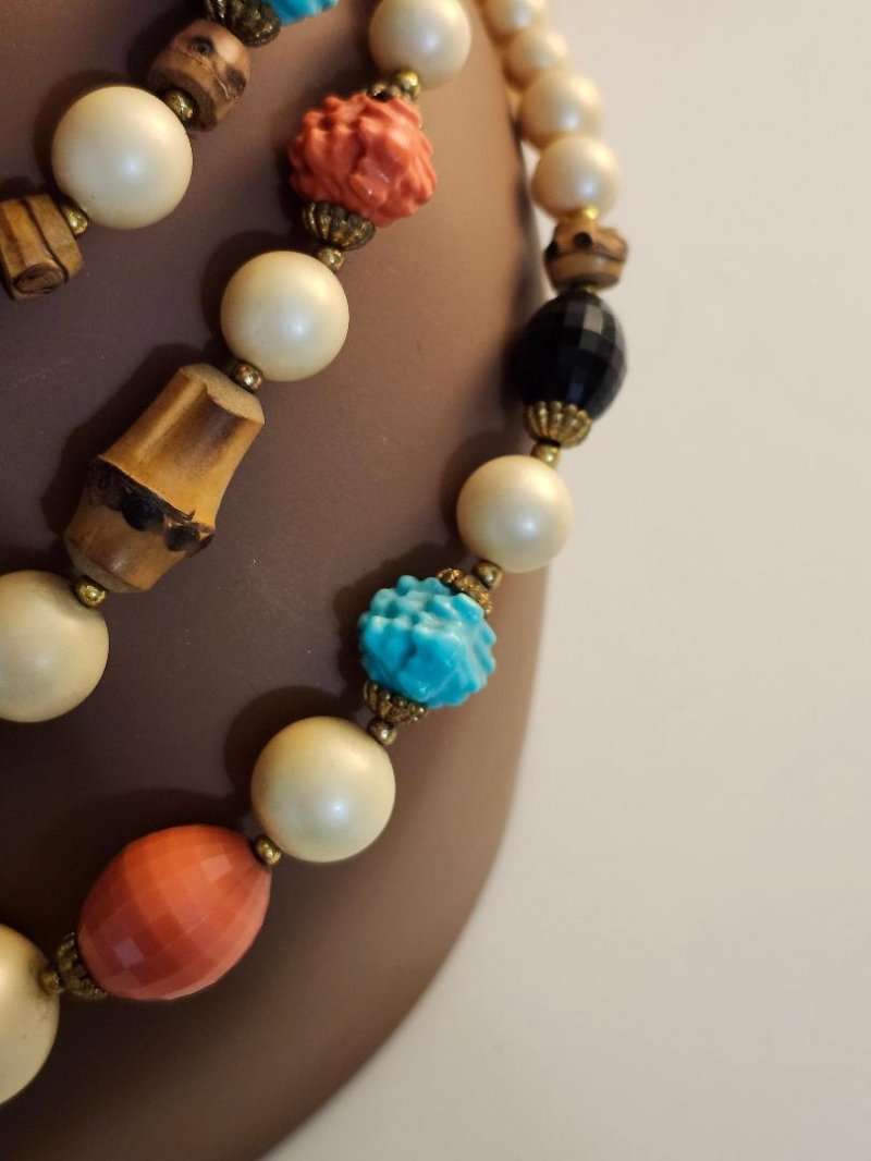 Image 4 of Vintage Layered Bead Lucite Wood Necklace Faux Pearls 3 Rows Hook Closure