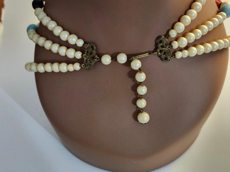 Image 5 of Vintage Layered Bead Lucite Wood Necklace Faux Pearls 3 Rows Hook Closure