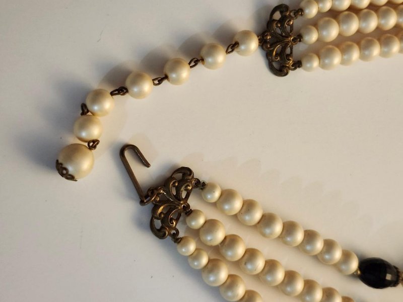 Image 6 of Vintage Layered Bead Lucite Wood Necklace Faux Pearls 3 Rows Hook Closure