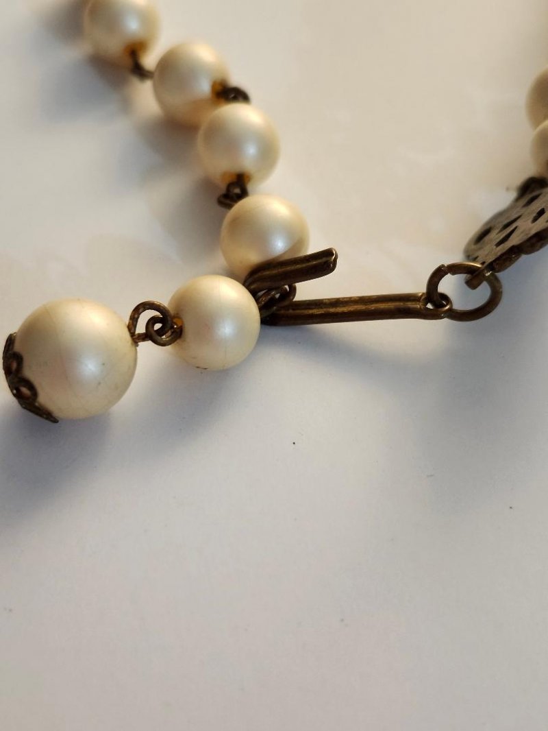 Image 7 of Vintage Layered Bead Lucite Wood Necklace Faux Pearls 3 Rows Hook Closure
