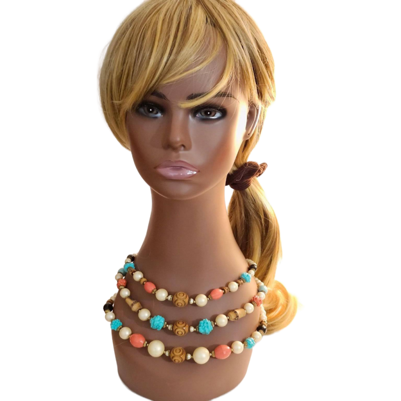 Vintage Layered Bead Lucite Wood Necklace Faux Pearls 3 Rows Hook Closure