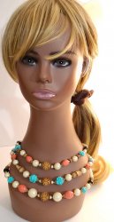 Vintage Layered Bead Lucite Wood Necklace Faux Pearls 3 Rows Hook Closure