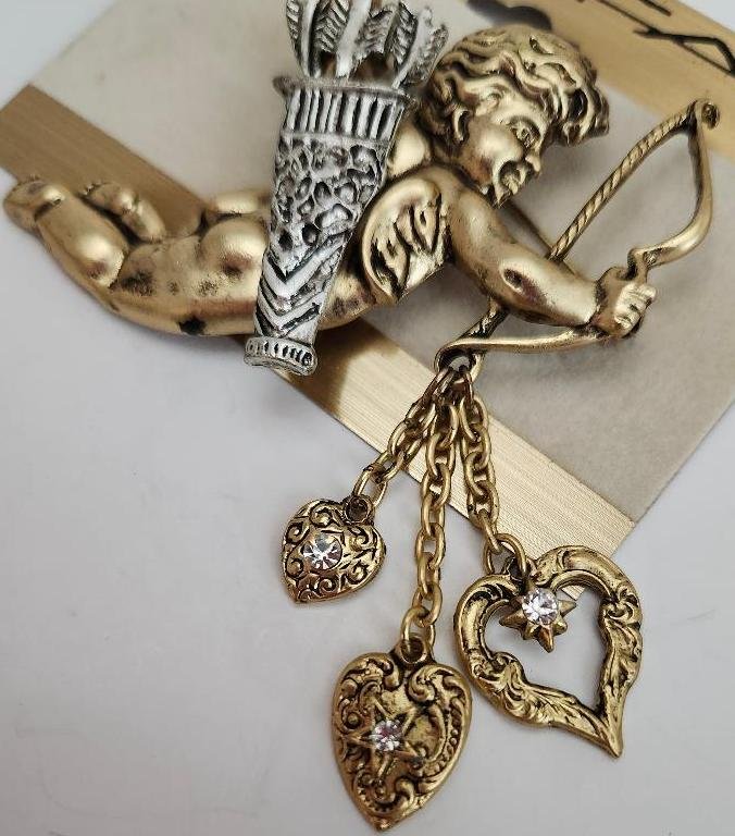 Image 1 of Tofa Angel Brooch Cherub Cupid with Bow and Dangling Hearts Silver Gold Women's