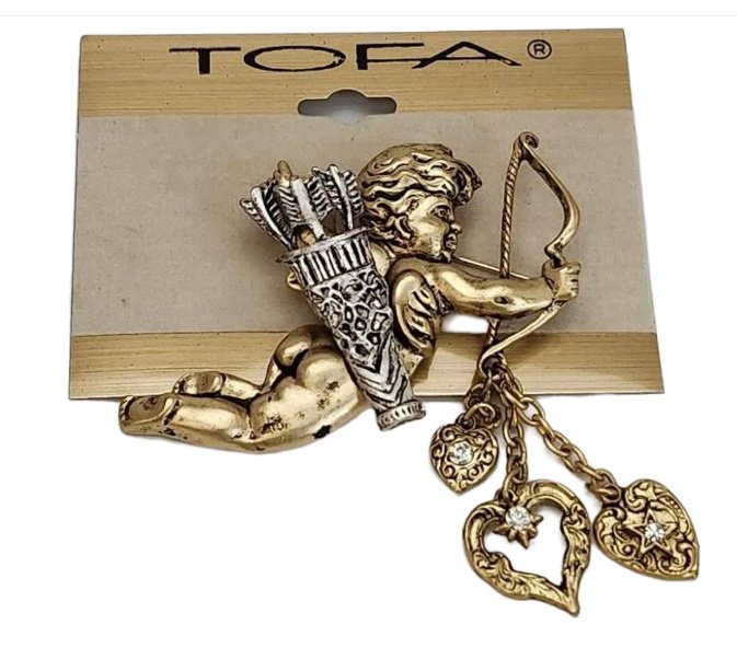 Tofa Angel Brooch Cherub Cupid with Bow and Dangling Hearts Silver Gold Women's