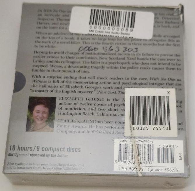 Image 1 of With No One As Witness Audiobook Abridged Elizabeth George 9 Fiction Discs
