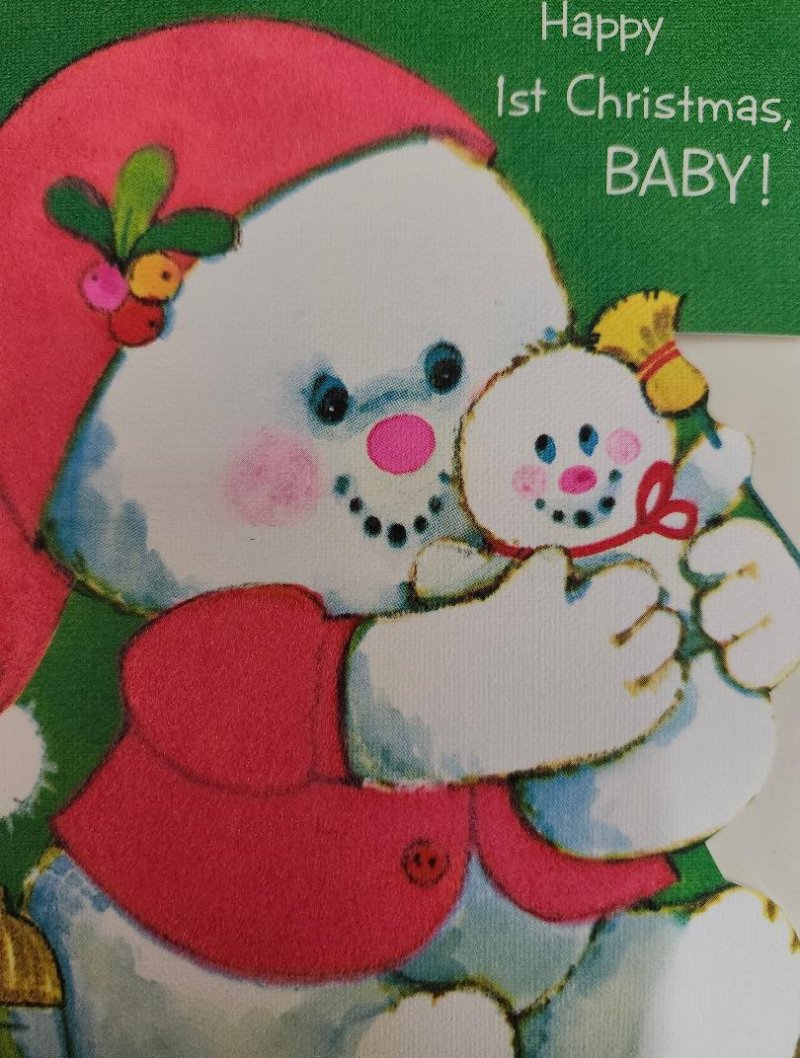 Image 1 of Vintage Happy 1st Christmas Baby Card Flocked Momma Frosty the Snowman Unused