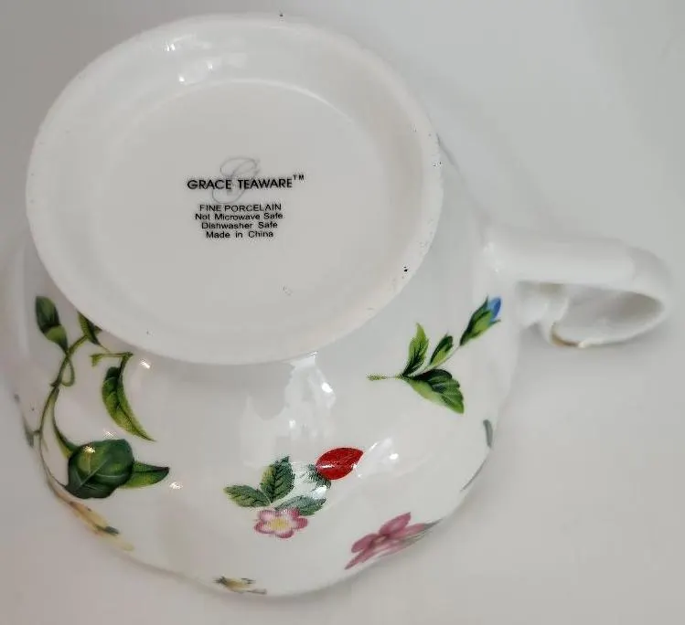 Image 3 of Grace Teaware Oversize Large Cup Teacup Saucer Floral Pattern Butterfly Fruit