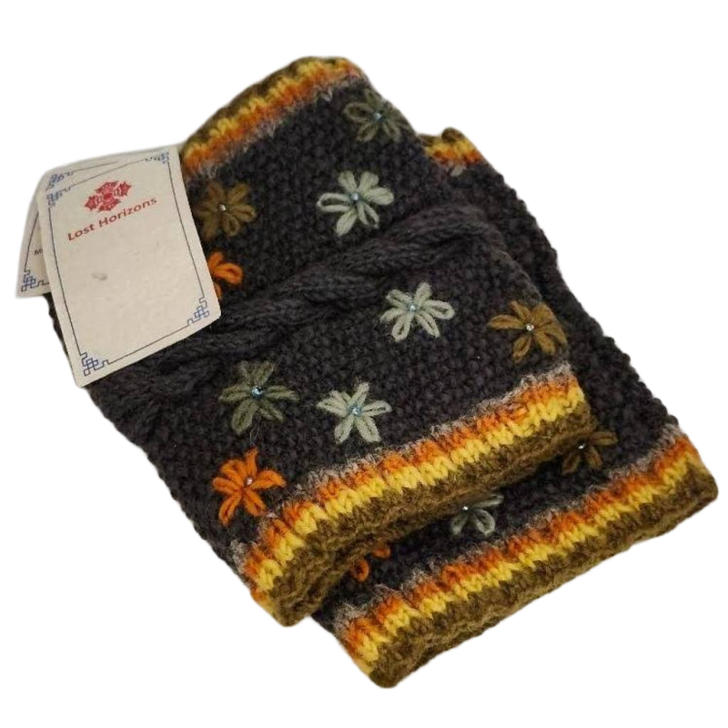Image 0 of Womens Lost Horizons Hand Knit Nepal DK Gray Floral Leg Cuffs Warmers Jasmine
