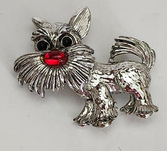 Womens Yorkshire Terrier Brooch Dog Pin Silver Metal Red Nose Vintage Jewelry