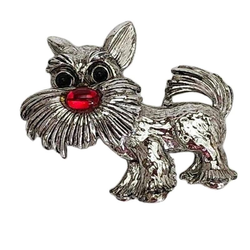 Womens Yorkshire Terrier Brooch Dog Pin Silver Metal Red Nose Vintage Jewelry
