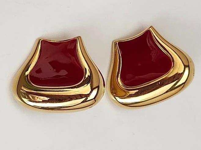 Vintage 1980s Bold Red Enamel Glossy Rich Gold Saddle Style Earrings Clip On