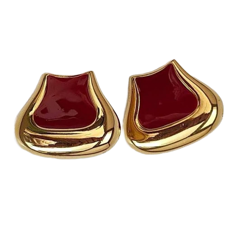 Vintage 1980s Bold Red Enamel Glossy Rich Gold Saddle Style Earrings Clip On