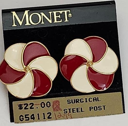 Monet Jewelry Monet Earrings Pierced Pinwheel Pattern Red Off White Enamel