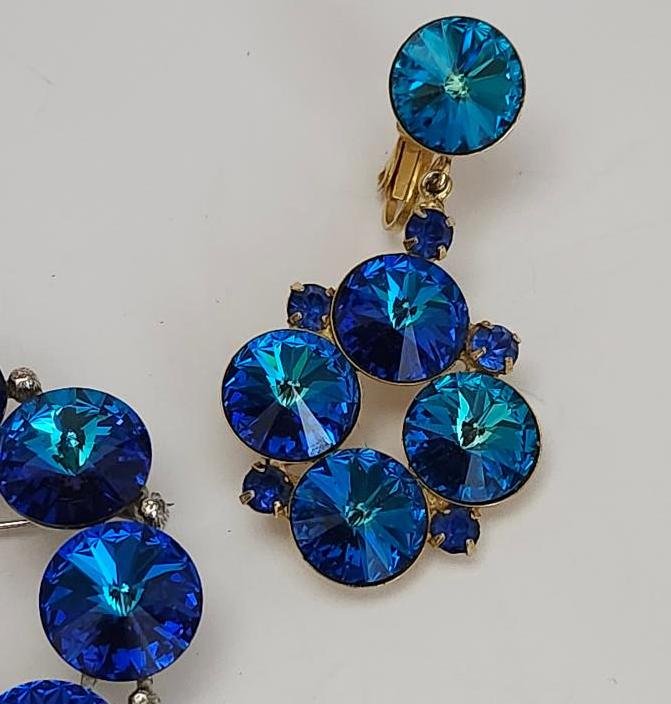 Image 1 of Weiss Jewelry Set Matching Earrings Brooch Blue Rivoli Pin Albert Weiss Costume