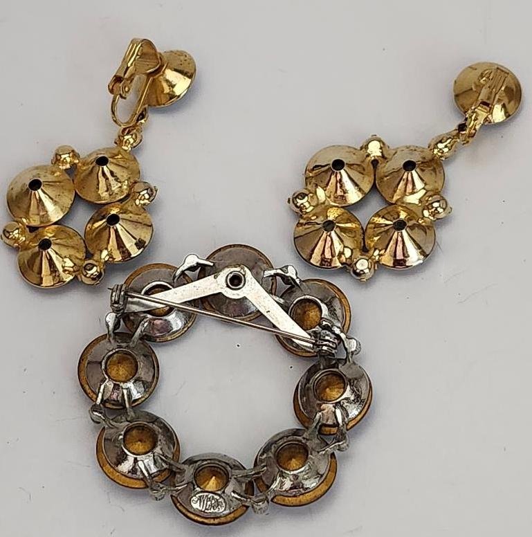 Image 2 of Weiss Jewelry Set Matching Earrings Brooch Blue Rivoli Pin Albert Weiss Costume