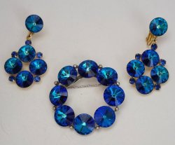 Weiss Jewelry Set Matching Earrings Brooch Blue Rivoli Pin Albert Weiss Costume