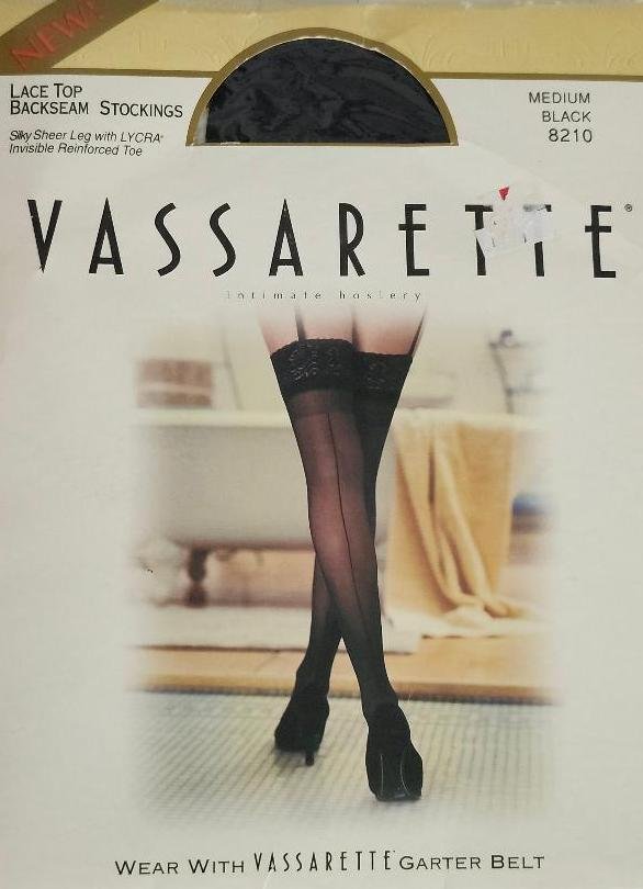 Image 0 of Women's Lace Top Backseam Stockings Medium Black 8210 Vassarette Reinforced Toe