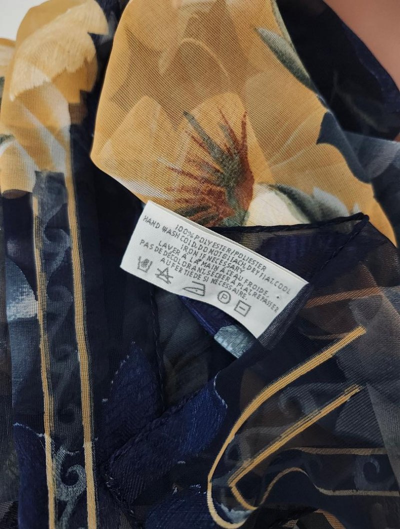 Image 2 of Womens Floral Scarf Navy Blue Green Gold Yellow Sheer By Liz Claiborne Vintage