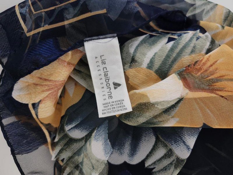 Image 3 of Womens Floral Scarf Navy Blue Green Gold Yellow Sheer By Liz Claiborne Vintage